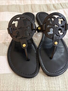 Tory Burch Black Logo Medallion Thong Sandals with Gold Accent